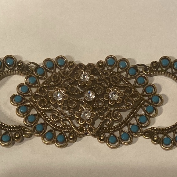 NWOT - Turkish Style Brassy Filigree Heart Design Turquoise & Crystal Bracelet - Picture 9 of 14